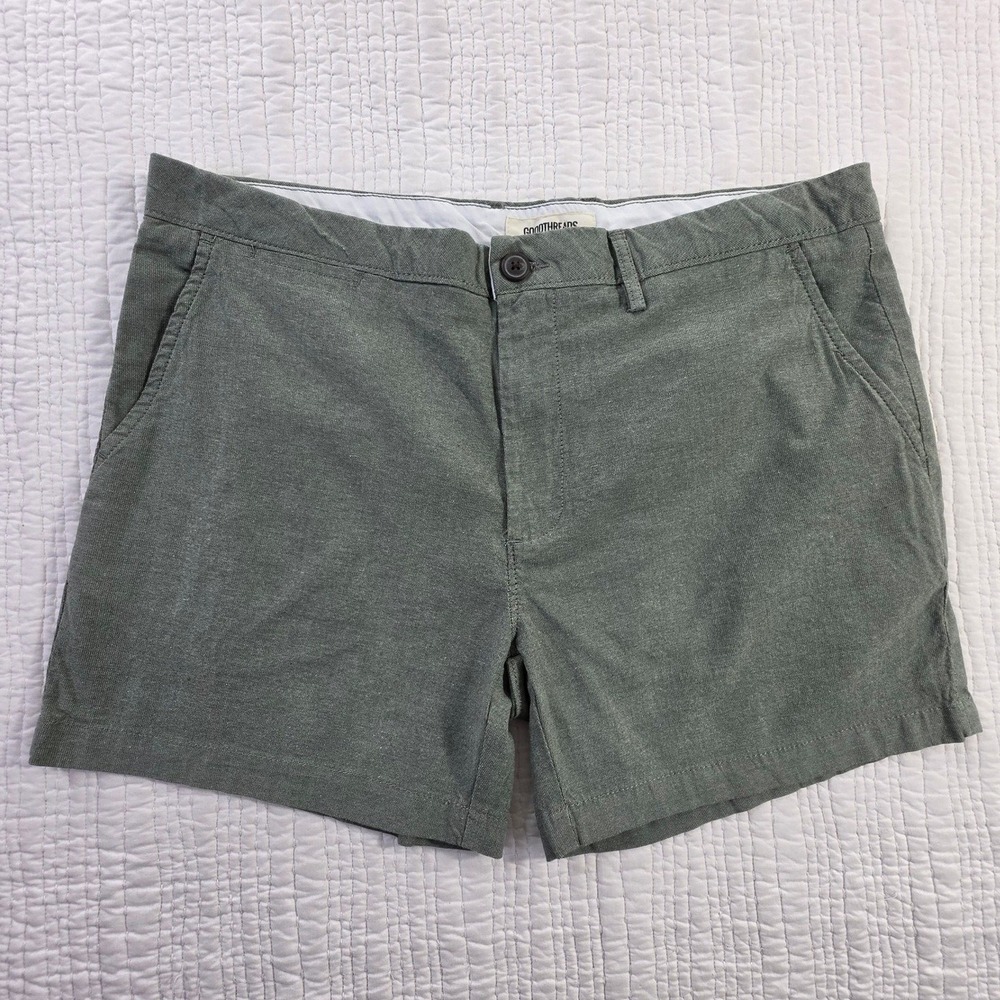 Goodthreads Mens Oxford Shorts 32W Olive Green Cotton Stretch Flat Front EUC 7in